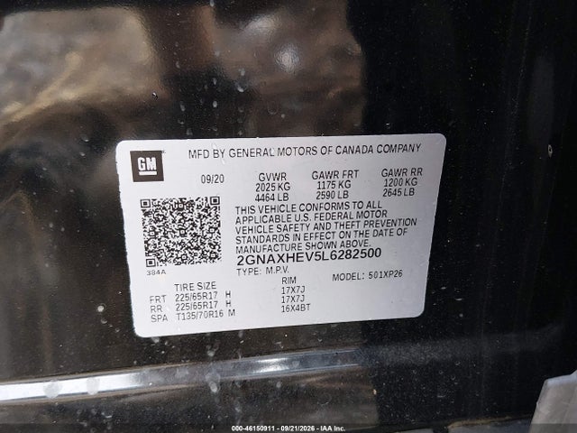46150911 :رقم المزاد ، 2GNAXHEV5L6282500 vin ، 2020 Chevrolet Equinox Fwd Ls مزاد بيع