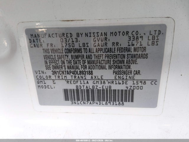 Продаж на аукціоні авто 2013 Nissan Versa 1.6 Sv, vin: 3N1CN7AP4DL893188, номер лоту: 46150912