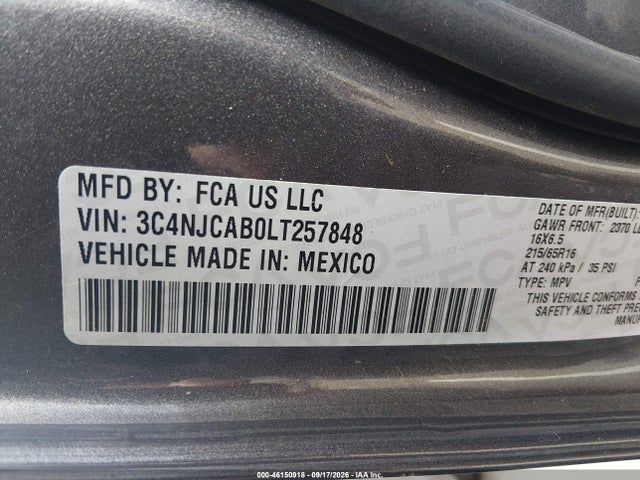 2020 Jeep Compass Sport Fwd მანქანა იყიდება აუქციონზე, vin: 3C4NJCAB0LT257848, აუქციონის ნომერი: 46150918