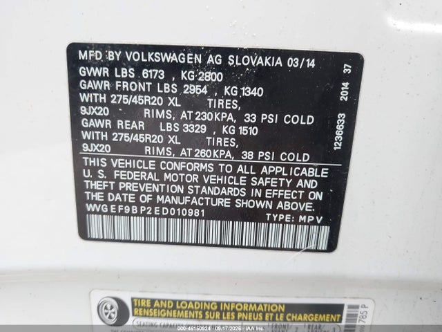 2014 Volkswagen Touareg 3.6l Executive მანქანა იყიდება აუქციონზე, vin: WVGEF9BP2ED010981, აუქციონის ნომერი: 46150924