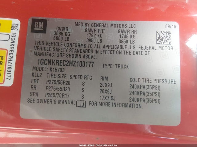 Aukcja sprzedaży 2017 Chevrolet Silverado 1500 2lt, vin: 1GCNKREC2HZ100177, numer aukcji: 46150960