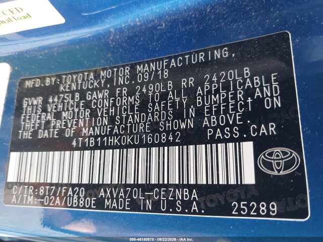 Auction sale of the 2019 Toyota Camry Le, vin: 4T1B11HK0KU160842, lot number: 46150978