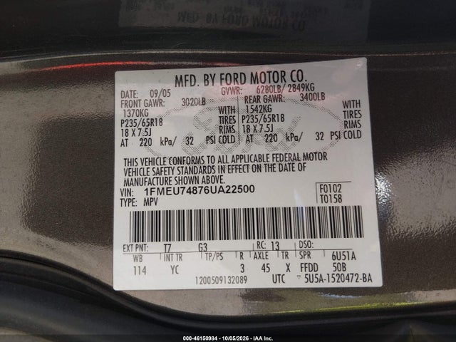 2006 Ford Explorer Eddie Bauer მანქანა იყიდება აუქციონზე, vin: 1FMEU74876UA22500, აუქციონის ნომერი: 46150984