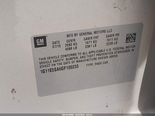 Продаж на аукціоні авто 2016 Chevrolet Malibu Limited Ltz, vin: 1G11E5SA6GF109233, номер лоту: 46150995