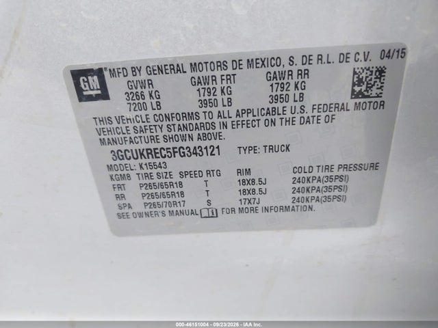 Продажа на аукционе авто 2015 Chevrolet Silverado 1500 1lt, vin: 3GCUKREC5FG343121, номер лота: 46151004