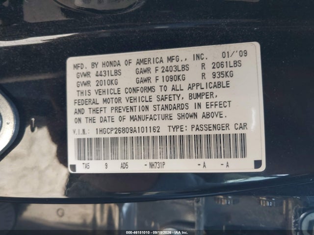 46151010 :رقم المزاد ، 1HGCP26809A101162 vin ، 2009 Honda Accord 2.4 Ex-l مزاد بيع