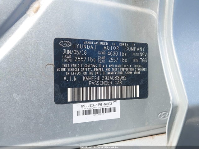 46151013 :رقم المزاد ، KMHE24L39JA083982 vin ، 2018 Hyundai Sonata Hybrid Se مزاد بيع