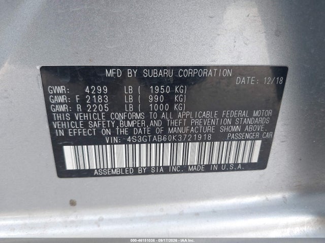 Aukcja sprzedaży 2019 Subaru Impreza 2.0i, vin: 4S3GTAB60K3721918, numer aukcji: 46151038