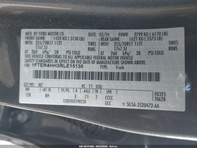 46151050 :رقم المزاد ، 1FTER4HH3RLE15130 vin ، 2024 Ford Ranger Xlt مزاد بيع