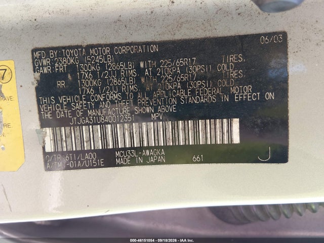 46151054 :رقم المزاد ، JTJGA31U840012351 vin ، 2004 Lexus Rx 330 مزاد بيع