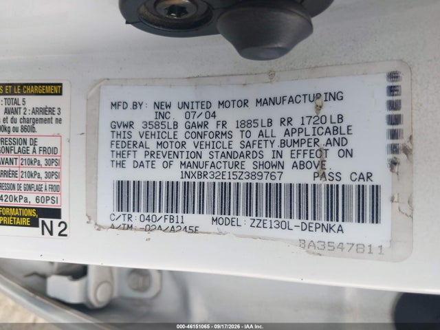 2005 Toyota Corolla Le მანქანა იყიდება აუქციონზე, vin: 1NXBR32E15Z389767, აუქციონის ნომერი: 46151065