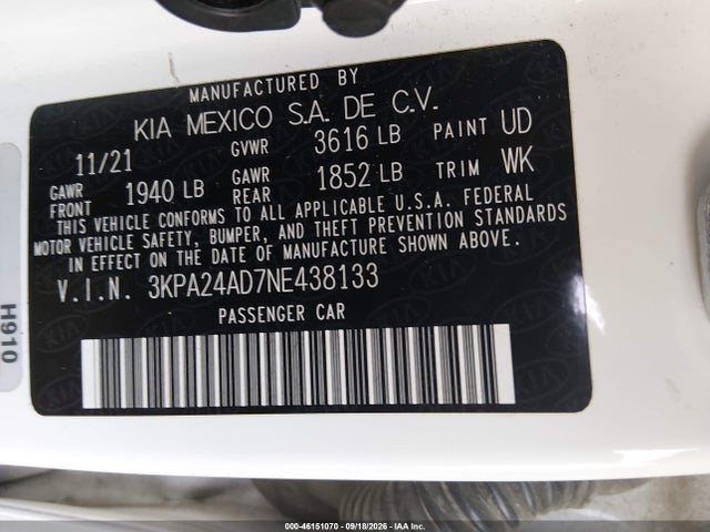Продаж на аукціоні авто 2022 Kia Rio Lx, vin: 3KPA24AD7NE438133, номер лоту: 46151070