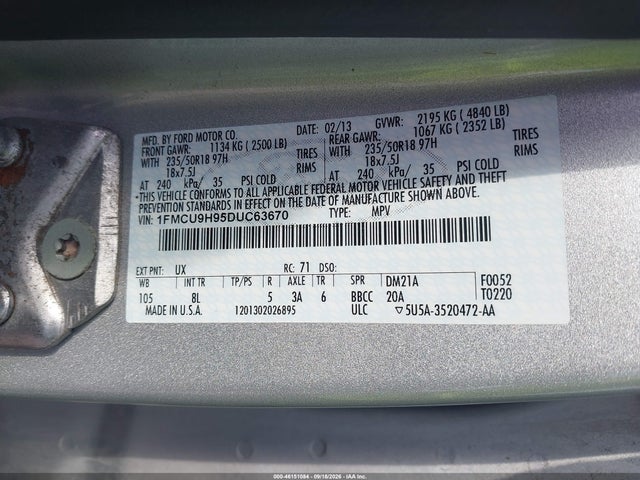 Aukcja sprzedaży 2013 Ford Escape Sel, vin: 1FMCU9H95DUC63670, numer aukcji: 46151084