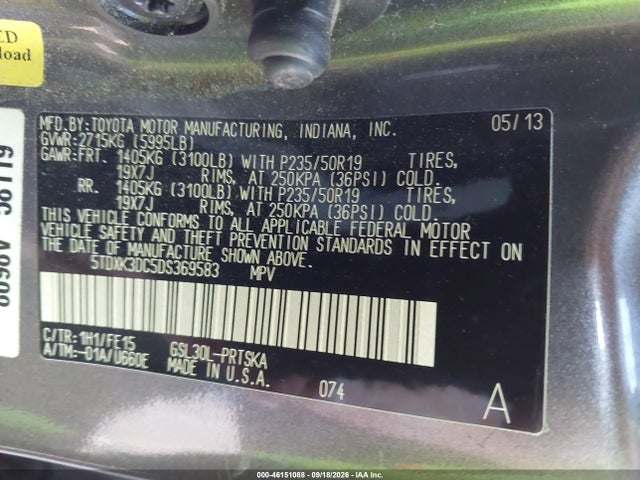 46151088 :رقم المزاد ، 5TDXK3DC5DS369583 vin ، 2013 Toyota Sienna Se 8 Passenger مزاد بيع