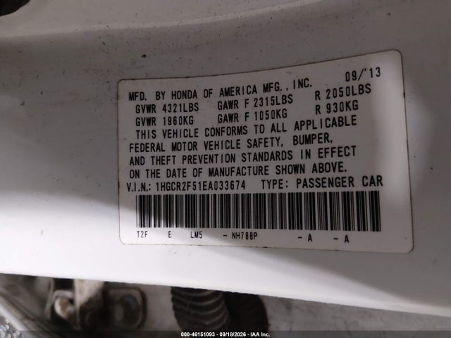 46151093 :رقم المزاد ، 1HGCR2F51EA033674 vin ، 2014 Honda Accord Sport مزاد بيع