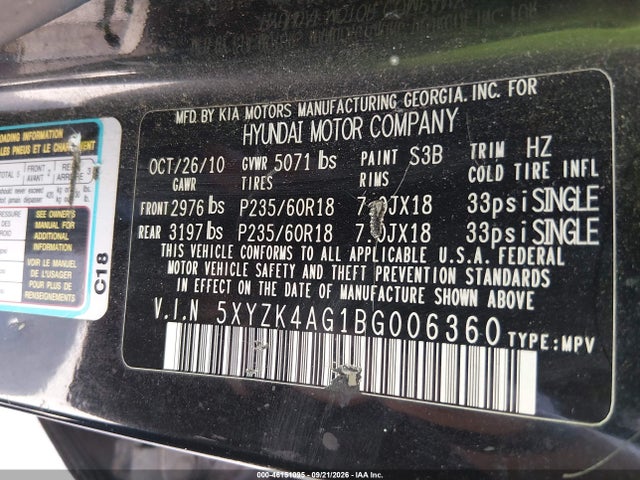 Aukcja sprzedaży 2011 Hyundai Santa Fe Limited V6, vin: 5XYZK4AG1BG006360, numer aukcji: 46151095