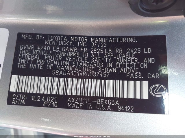 46151111 :رقم المزاد ، 58ADA1C14RU037457 vin ، 2024 Lexus Es 300h مزاد بيع