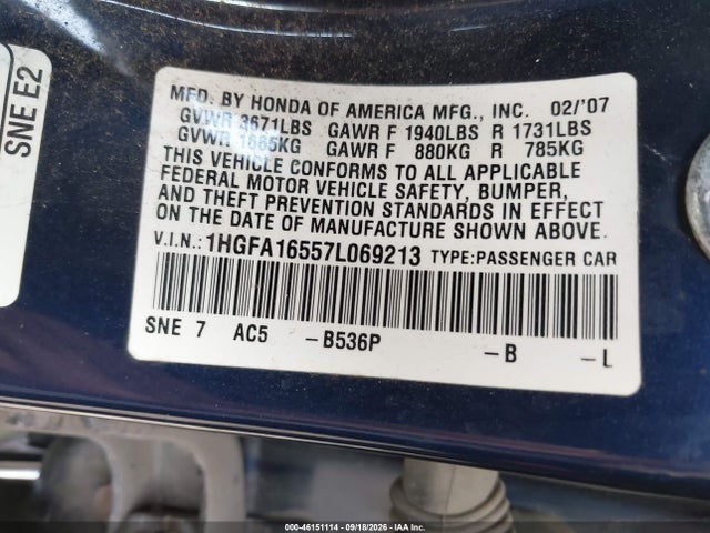 Aukcja sprzedaży 2007 Honda Civic Lx, vin: 1HGFA16557L069213, numer aukcji: 46151114