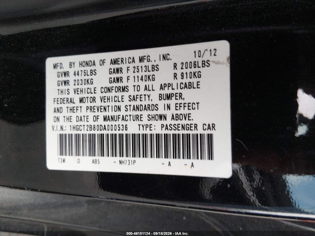 2013 Honda Accord Ex-l V-6 მანქანა იყიდება აუქციონზე, vin: 1HGCT2B80DA000536, აუქციონის ნომერი: 46151124