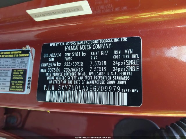Aukcja sprzedaży 2014 Hyundai Santa Fe Sport 2.0l Turbo, vin: 5XYZUDLAXEG209979, numer aukcji: 46151128