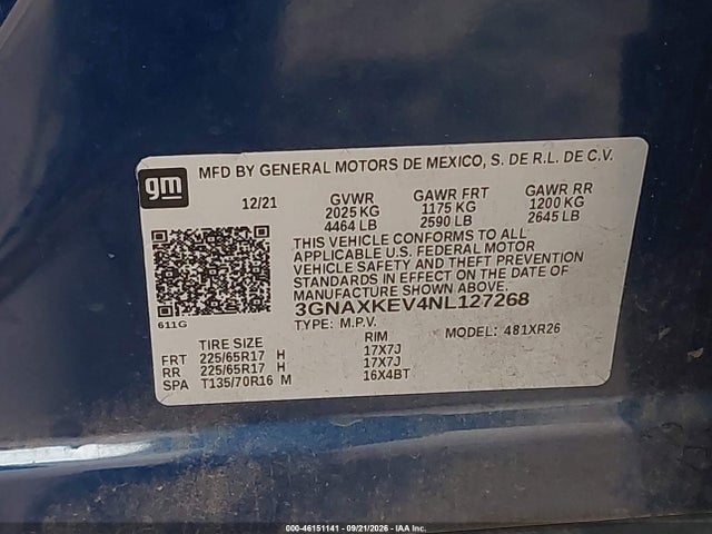 Aukcja sprzedaży 2022 Chevrolet Equinox Fwd Lt, vin: 3GNAXKEV4NL127268, numer aukcji: 46151141
