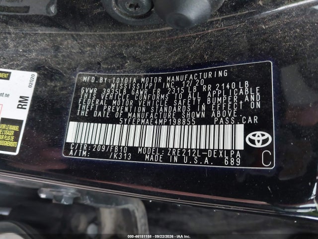 Продажа на аукционе авто 2021 Toyota Corolla Le, vin: 5YFEPMAE4MP198855, номер лота: 46151158