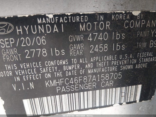Продаж на аукціоні авто 2007 Hyundai Azera Limited/se, vin: KMHFC46F87A158705, номер лоту: 46151162
