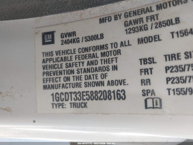 46151172 :رقم المزاد ، 1GCDT33E588208163 vin ، 2008 Chevrolet Colorado Lt مزاد بيع