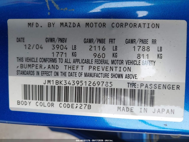 Продажа на аукционе авто 2005 Mazda Mazda3 S, vin: JM1BK343951269785, номер лота: 46151176