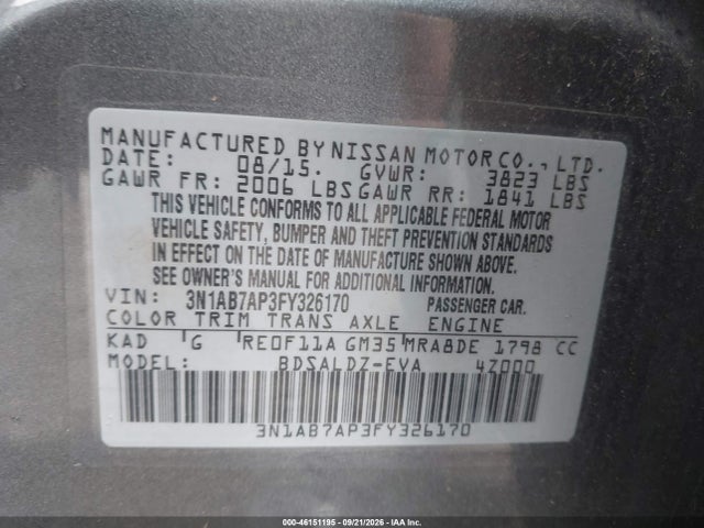 Продаж на аукціоні авто 2015 Nissan Sentra Sv, vin: 3N1AB7AP3FY326170, номер лоту: 46151195