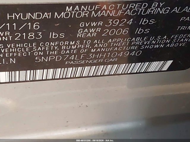 Hyundai ELANTRA SE 2017 5NPD74LF3HH104940 Image 9