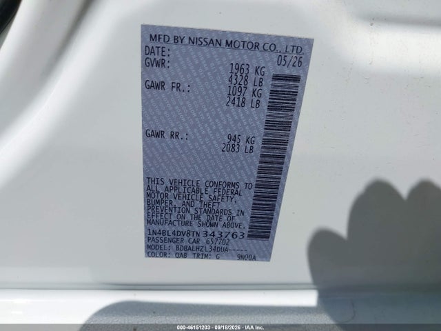 2026 Nissan Altima Sv Fwd მანქანა იყიდება აუქციონზე, vin: 1N4BL4DV8TN343763, აუქციონის ნომერი: 46151203