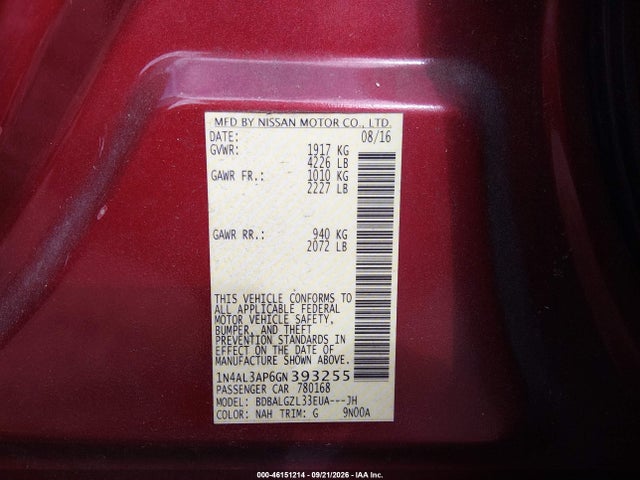 Aukcja sprzedaży 2016 Nissan Altima 2.5 S, vin: 1N4AL3AP6GN393255, numer aukcji: 46151214