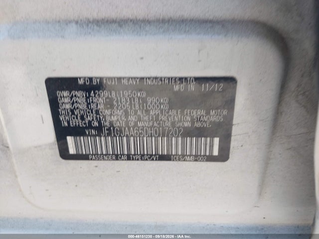 Продаж на аукціоні авто 2013 Subaru Impreza 2.0i, vin: JF1GJAA65DH017202, номер лоту: 46151230