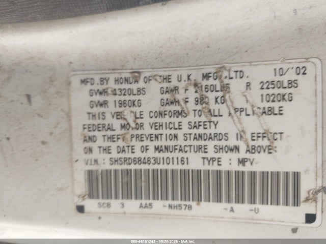 Продаж на аукціоні авто 2003 Honda Cr-v Lx, vin: SHSRD68463U101161, номер лоту: 46151243
