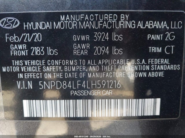 Продаж на аукціоні авто 2020 Hyundai Elantra Sel, vin: 5NPD84LF4LH591216, номер лоту: 46151249