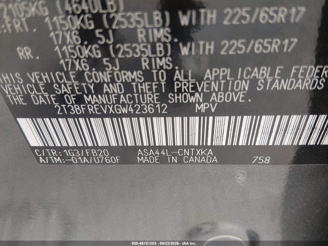 46151253 :رقم المزاد ، 2T3BFREVXGW423612 vin ، 2016 Toyota Rav4 Le مزاد بيع