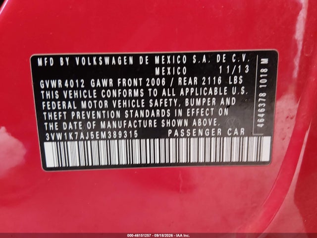 2014 Volkswagen Jetta 2.0l S მანქანა იყიდება აუქციონზე, vin: 3VW1K7AJ5EM389315, აუქციონის ნომერი: 46151257