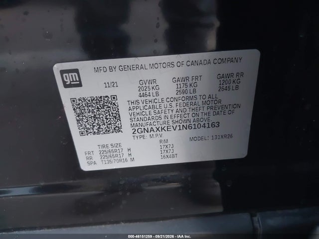 Продажа на аукционе авто 2022 Chevrolet Equinox Fwd Lt, vin: 2GNAXKEV1N6104163, номер лота: 46151259