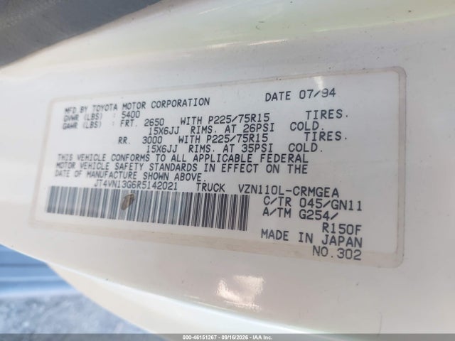46151267 :رقم المزاد ، JT4VN13G6R5142021 vin ، 1994 Toyota Pickup 1/2 Ton Ex Long Whlbs Sr5 مزاد بيع