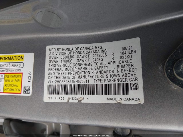 46151271 :رقم المزاد ، 2HGFE2F51NH525311 vin ، 2022 Honda Civic Sport مزاد بيع