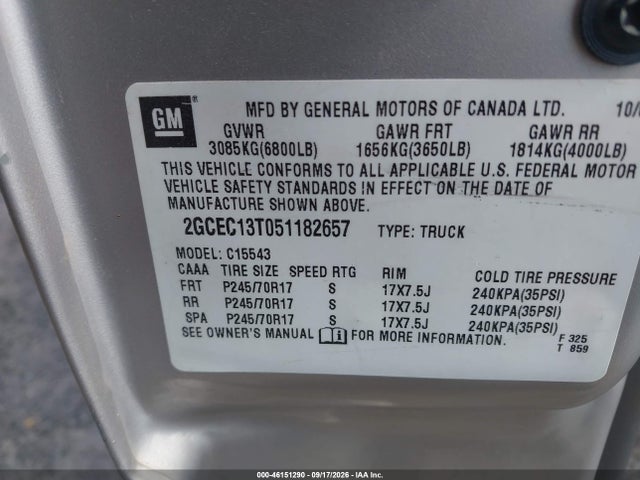 2005 Chevrolet Silverado 1500 Ls მანქანა იყიდება აუქციონზე, vin: 2GCEC13T051182657, აუქციონის ნომერი: 46151290