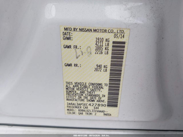 2014 Nissan Altima 2.5 Sl მანქანა იყიდება აუქციონზე, vin: 1N4AL3AP5EC427890, აუქციონის ნომერი: 46151298