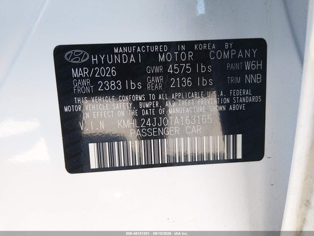 Aukcja sprzedaży 2026 Hyundai Sonata Hybrid Blue, vin: KMHL24JJ0TA163165, numer aukcji: 46151301