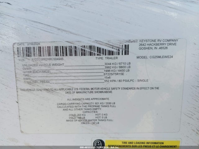 2024 Keystone Cougar M-25 Mle მანქანა იყიდება აუქციონზე, vin: 4YDTCGM2XRC504945, აუქციონის ნომერი: 46151315