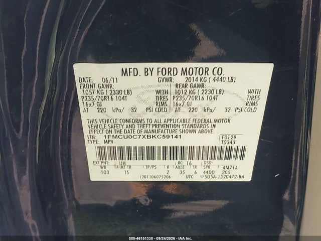2011 Ford Escape Xls მანქანა იყიდება აუქციონზე, vin: 1FMCU0C7XBKC59141, აუქციონის ნომერი: 46151330