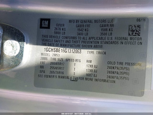Aukcja sprzedaży 2016 Chevrolet Colorado Wt, vin: 1GCHSBE16G1312063, numer aukcji: 46151337