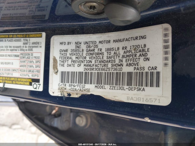2006 Toyota Corolla S მანქანა იყიდება აუქციონზე, vin: 1NXBR30E66Z573610, აუქციონის ნომერი: 46151340