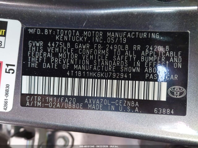 4T1B11HK6KU792941 Toyota CAMRY LE
