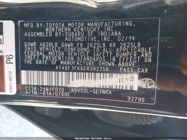 Aukcja sprzedaży 2014 Toyota Camry Le, vin: 4T4BF1FK6ER392358, numer aukcji: 46151348